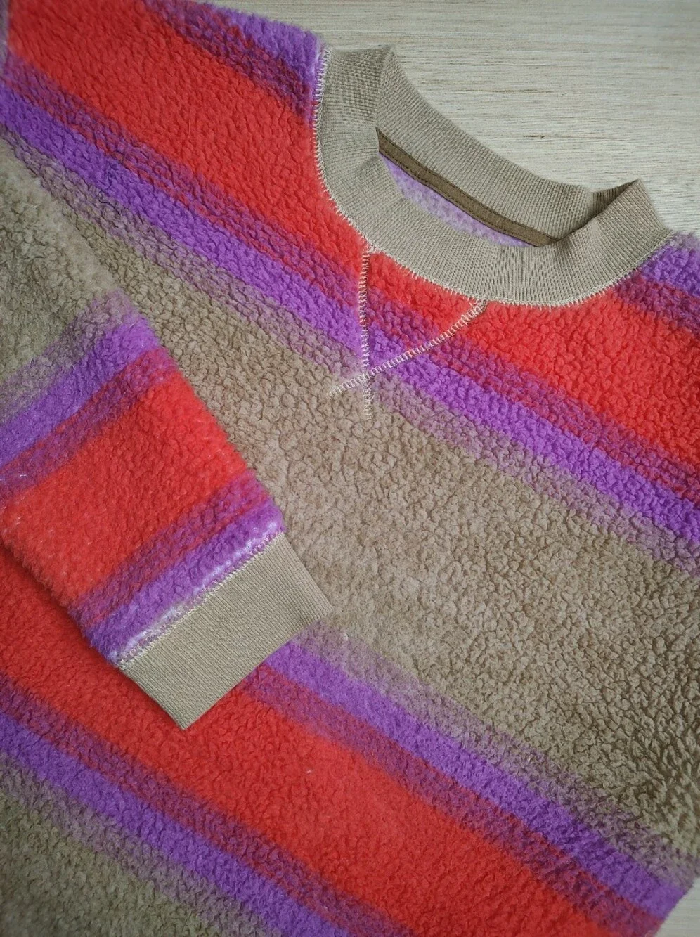 Koolaburra UGG Fuzzy Sherpa Pullover Sweatshirt Beige Orange Striped Sweater M P